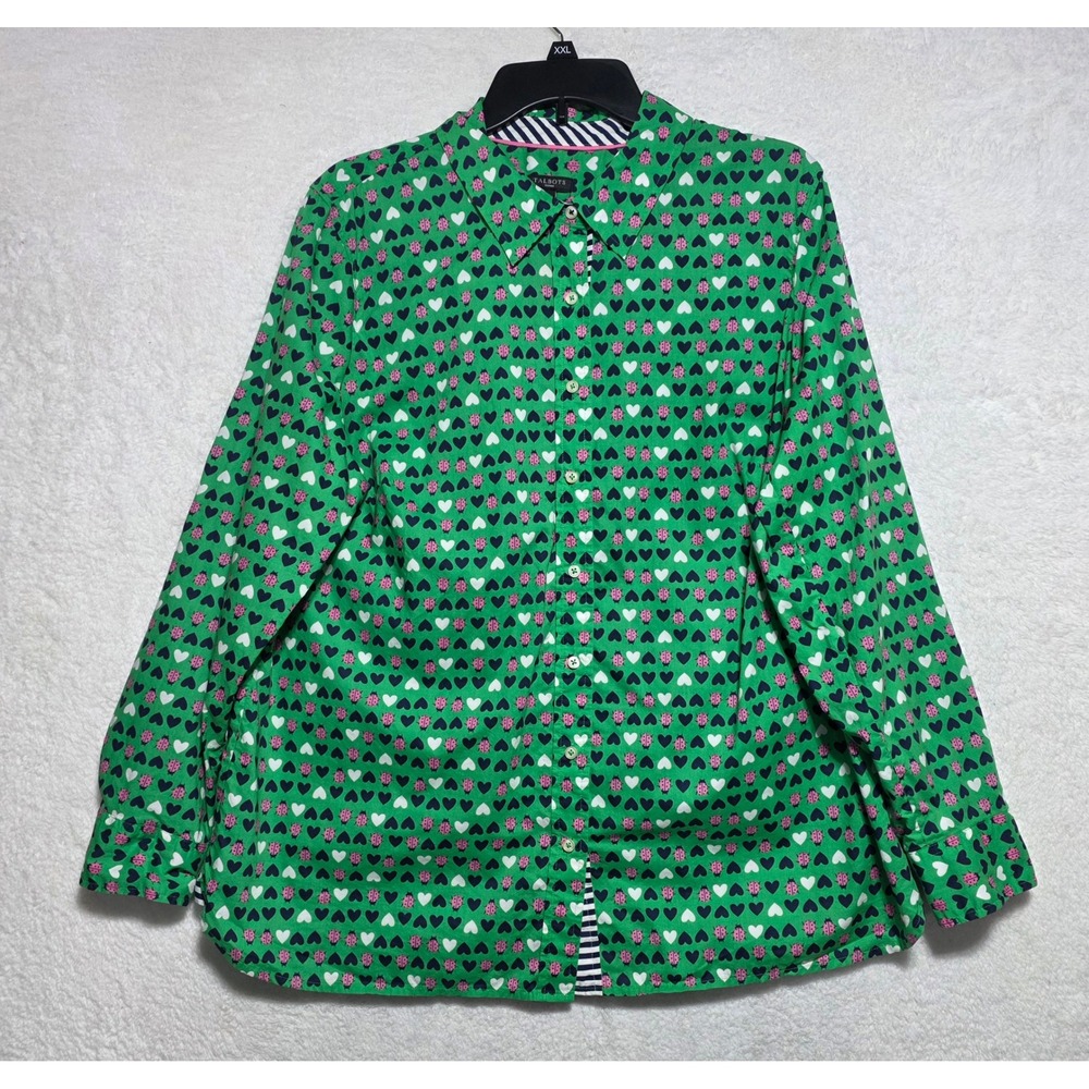 Talbots Green Ladybug Heart Print Button Down Shirt Plus 1X Cotton Long Sleeve